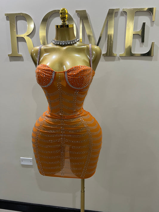 Starburst Crystal Mesh Dress (Orange)