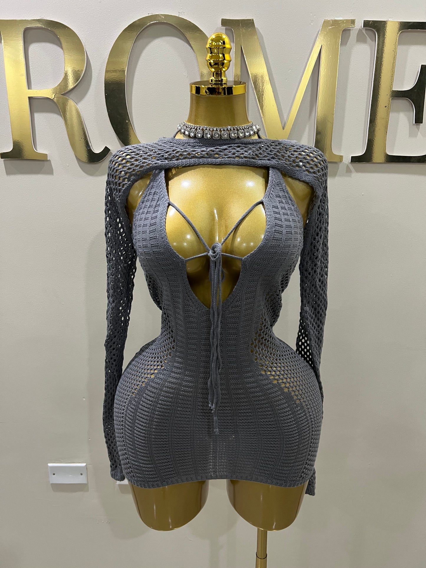 Alara Crochet 2pcs Mini Dress (Grey)