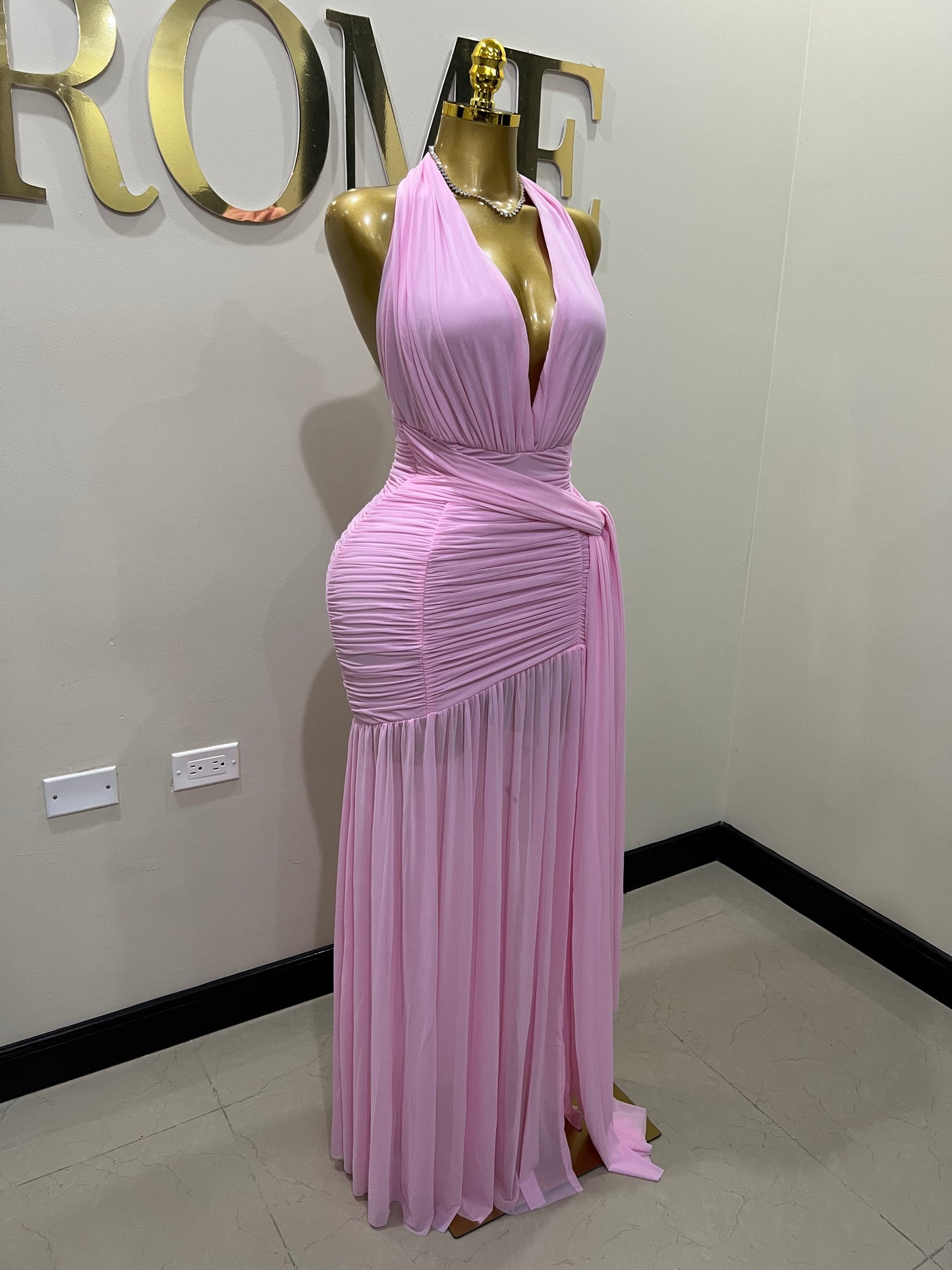 Michelle Grace Deep V Tie Split Dress (Pink)