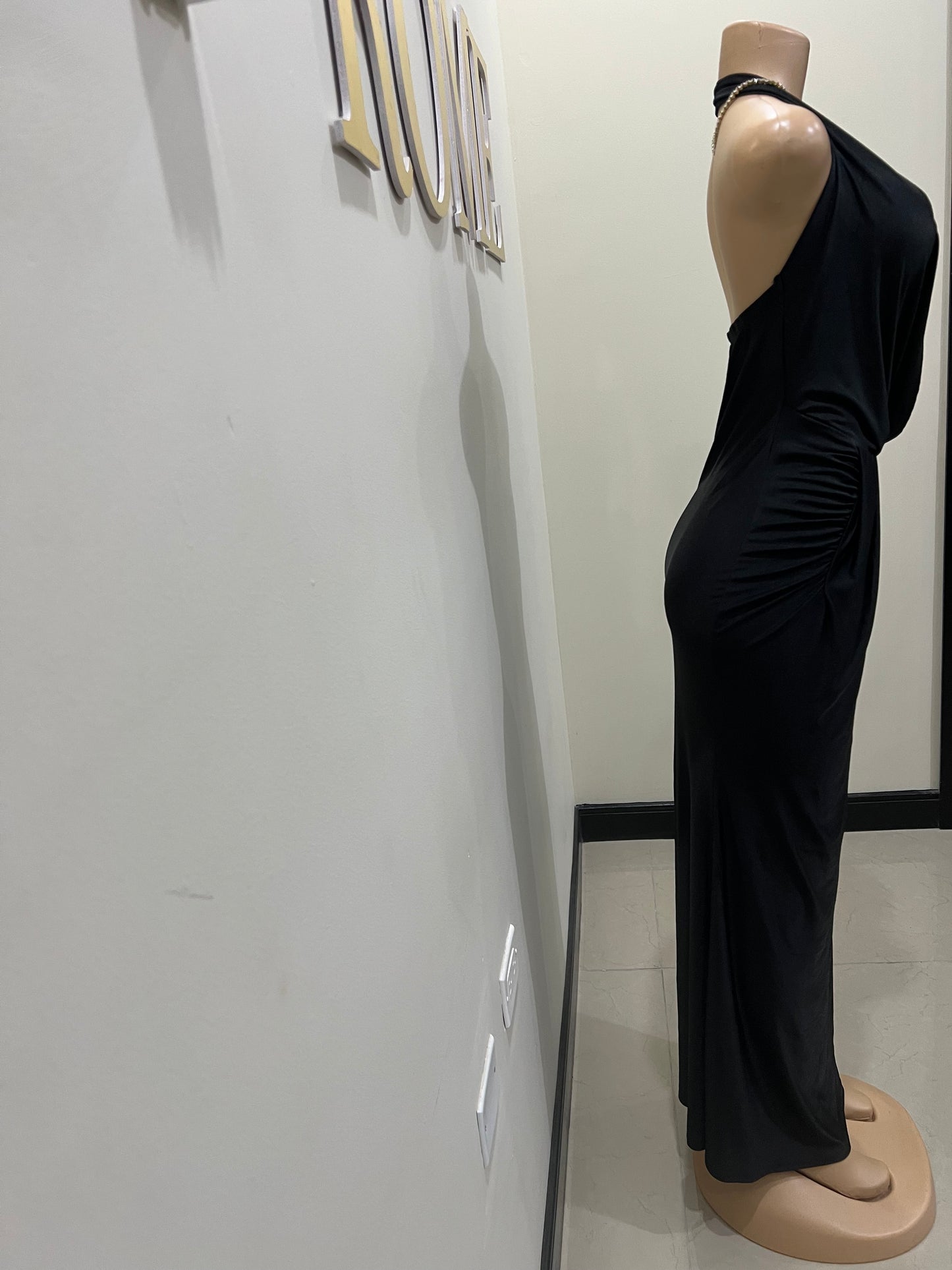 Snake Deep V Rouched Dress (Black)