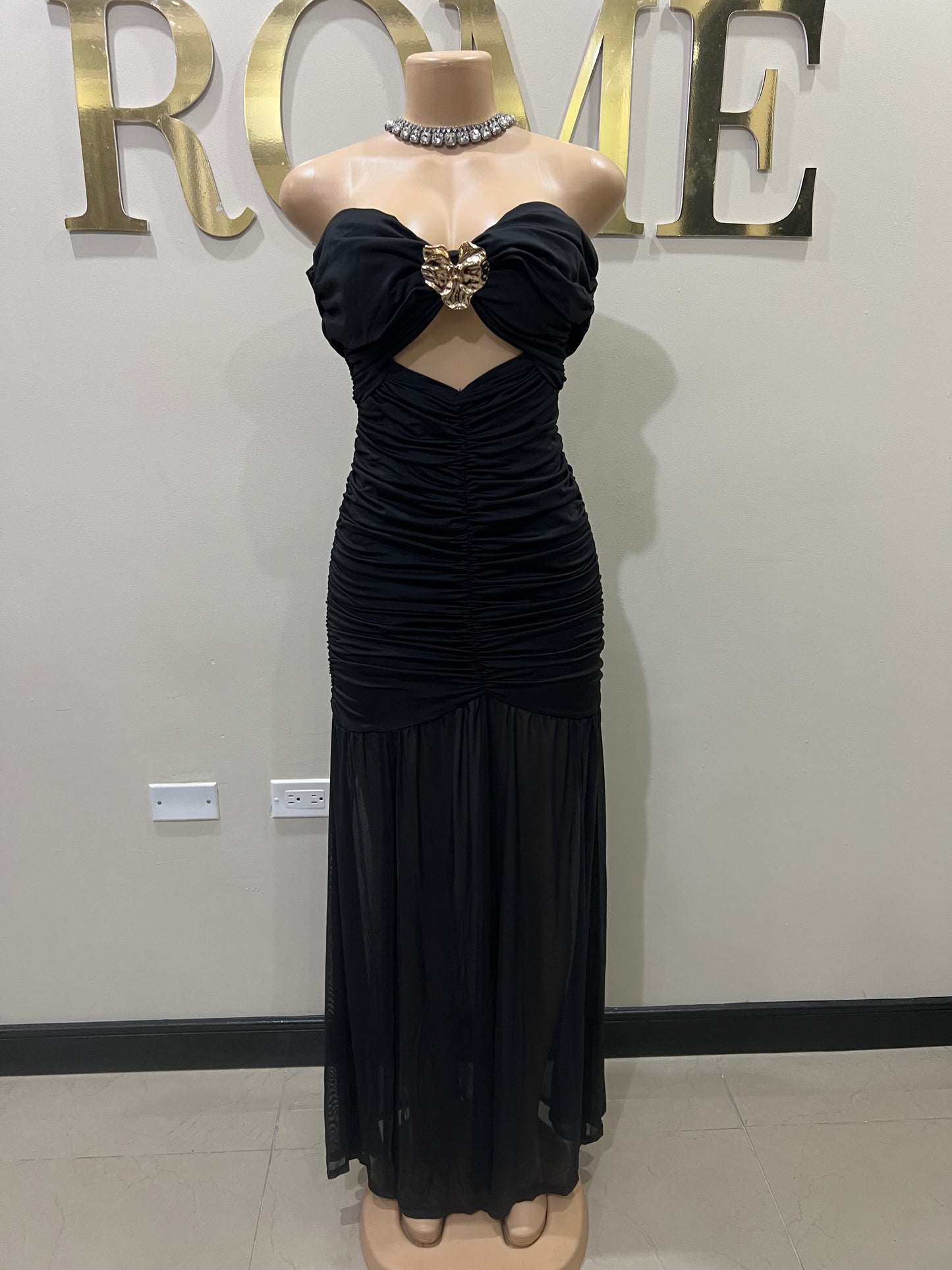 Nara Sophie Petal Off Shoulder Split Dress (Black)