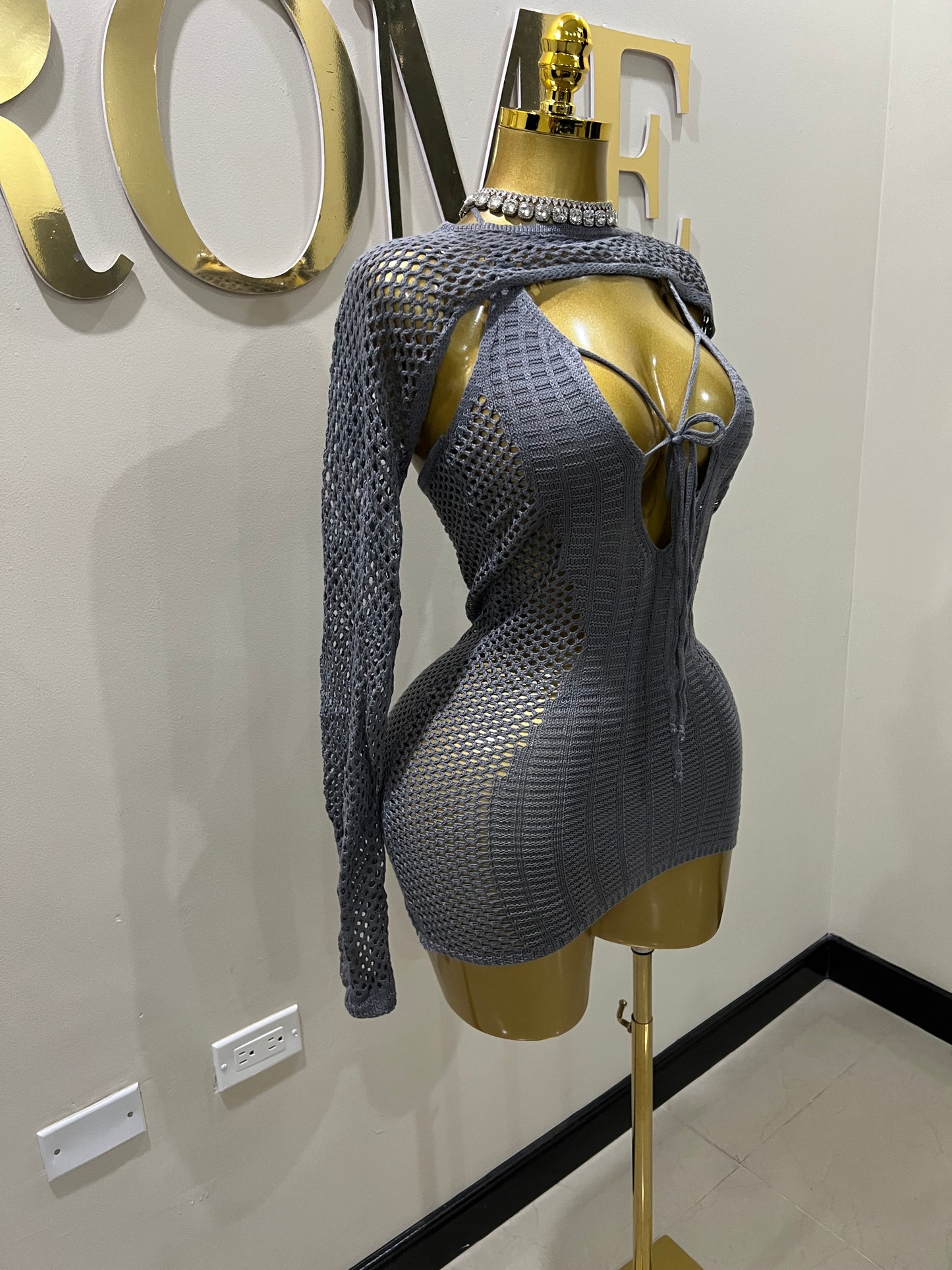 Alara Crochet 2pcs Mini Dress (Grey)