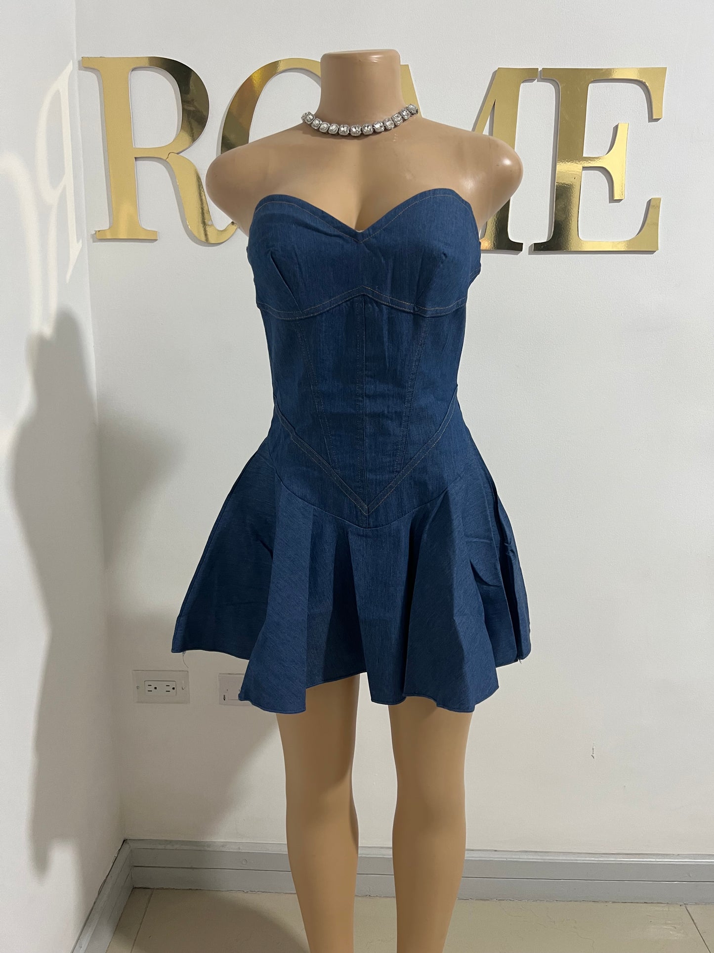 Denim Sweatheart Halter Dress (Blue)