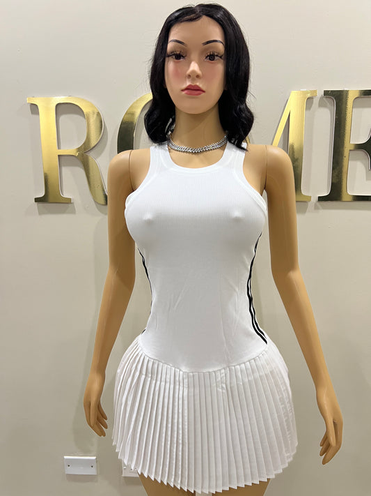 Tennis Pleated Stripe Dress (White)