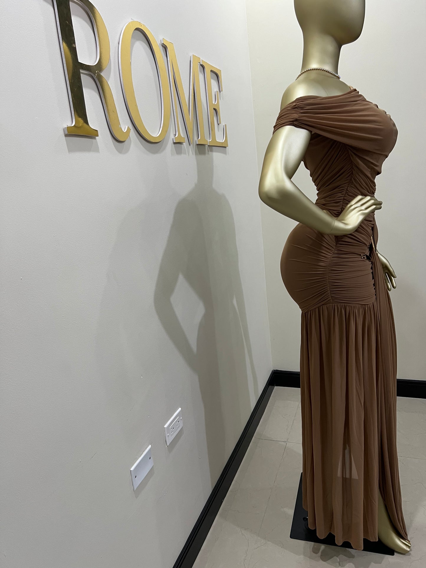Nara Michelle Angle Mesh Split Dress (Brown)