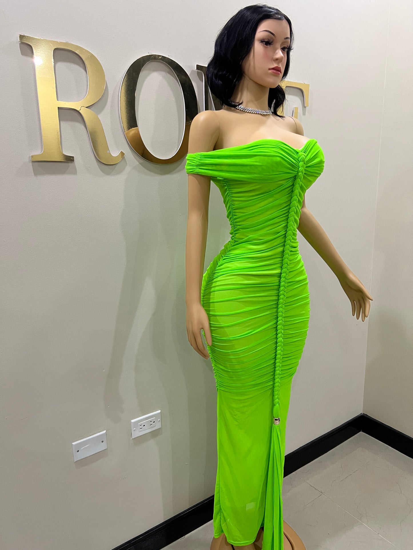 Sophie Off Shoulder Braided Dress (Green)