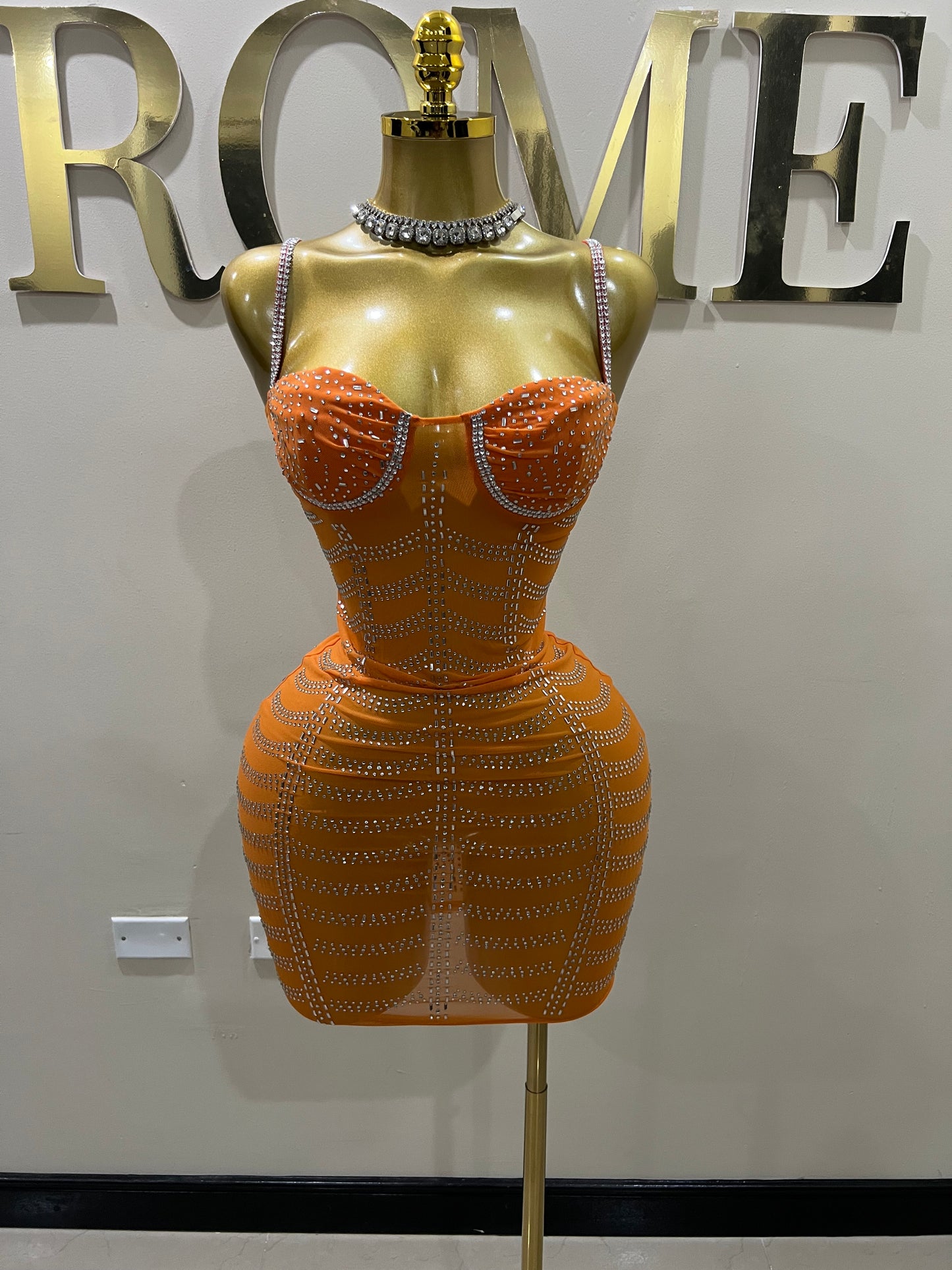 Starburst Crystal Mesh Dress (Orange)