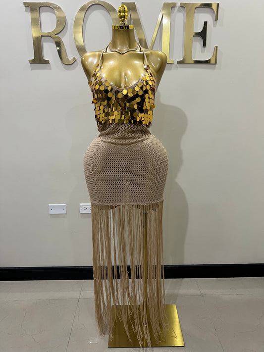 Destiny Sequin Crochet Fringe Dress (Brown)