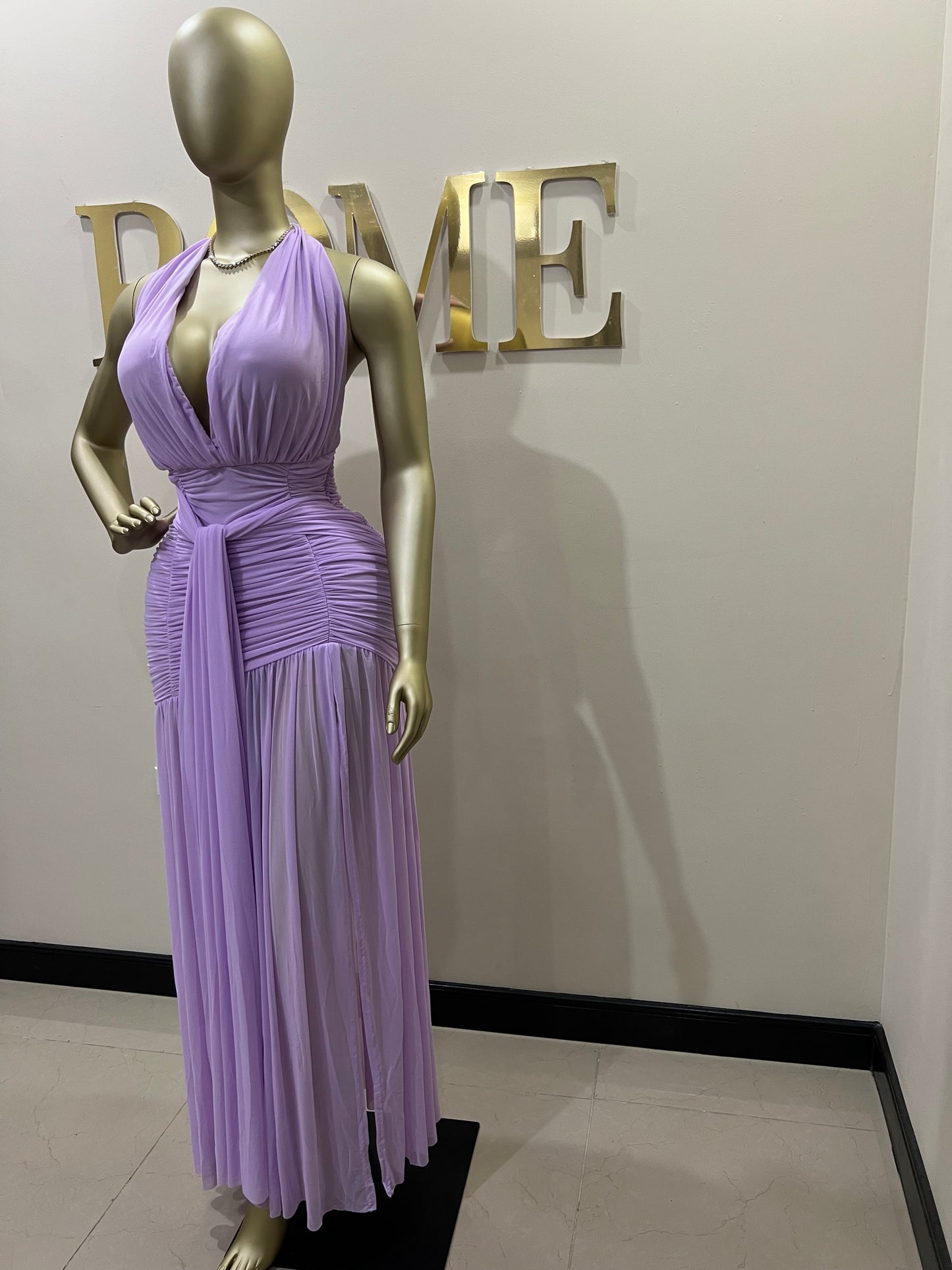 Michelle Grace Deep V Tie Split Dress (Lilac)