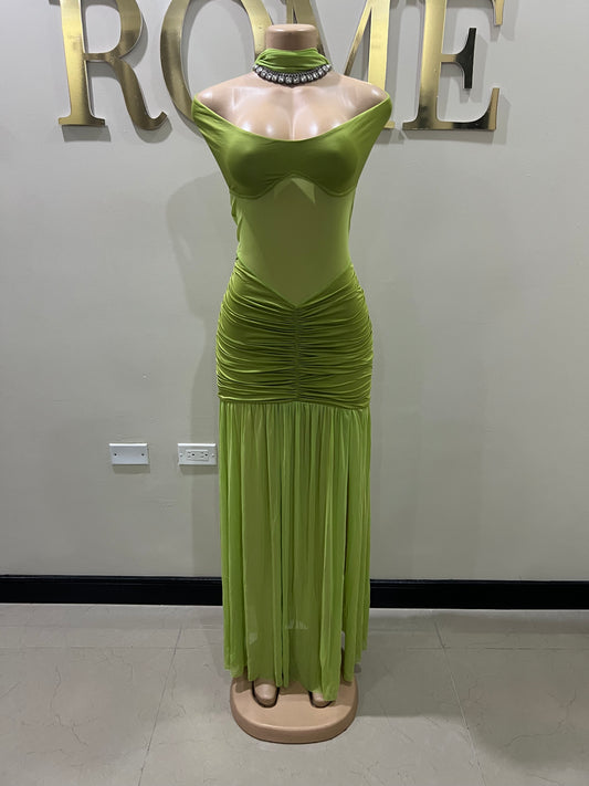 Off Shoulder Nara Split Dress with Scarf (Green)