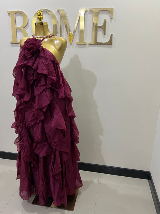 Rumi Chen Ruffle Long Dress (Burgundy)