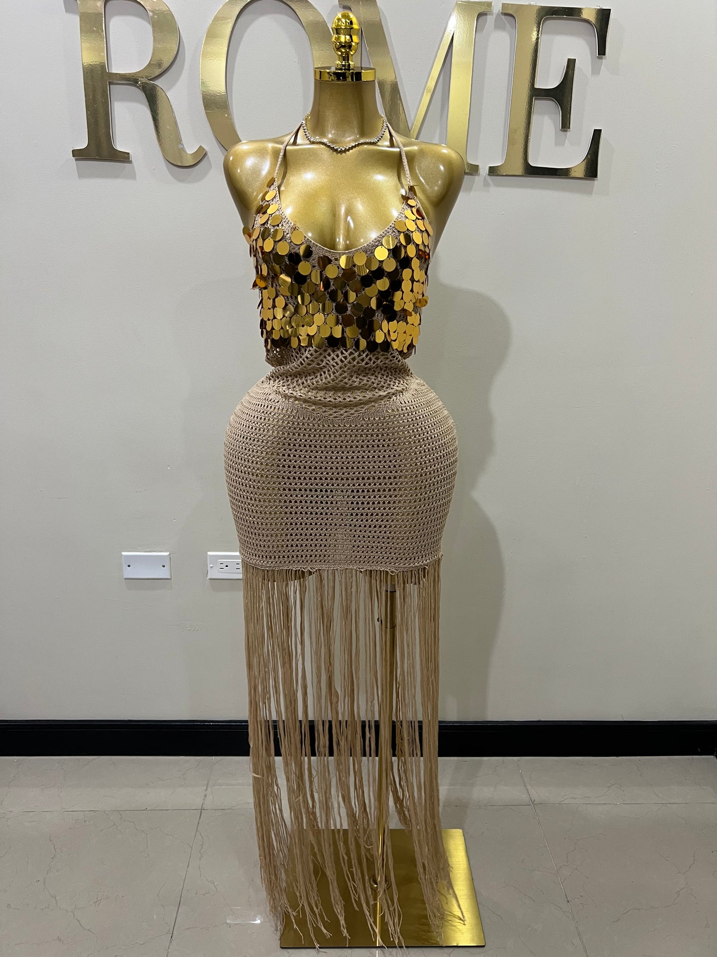 Destiny Sequin Crochet Fringe Dress (Brown)