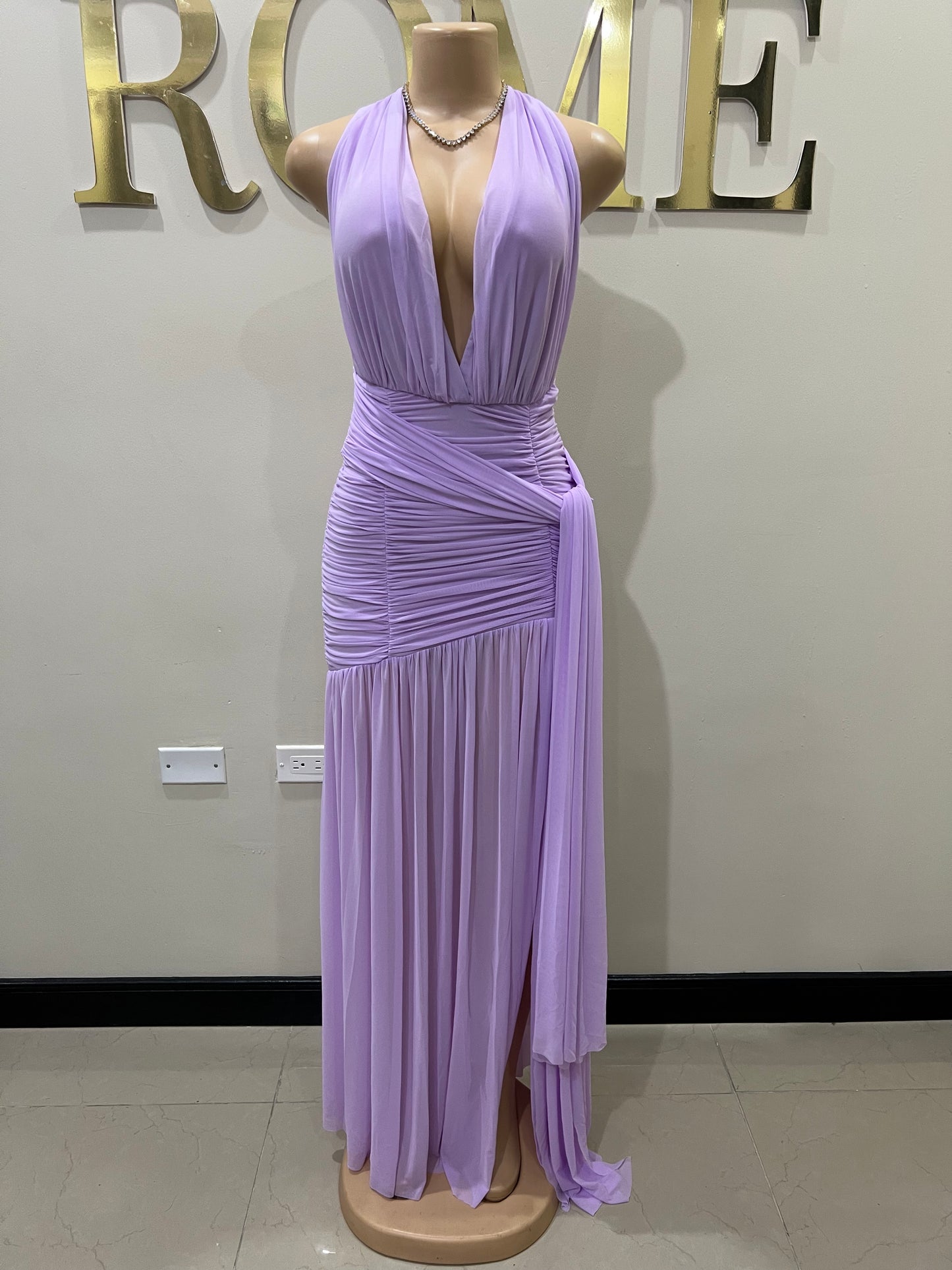 Michelle Grace Deep V Tie Split Dress (Lilac)
