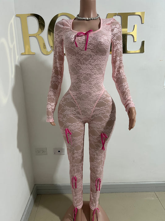 Lacey Bow Mesh Tights Jumpsuit (Pink)