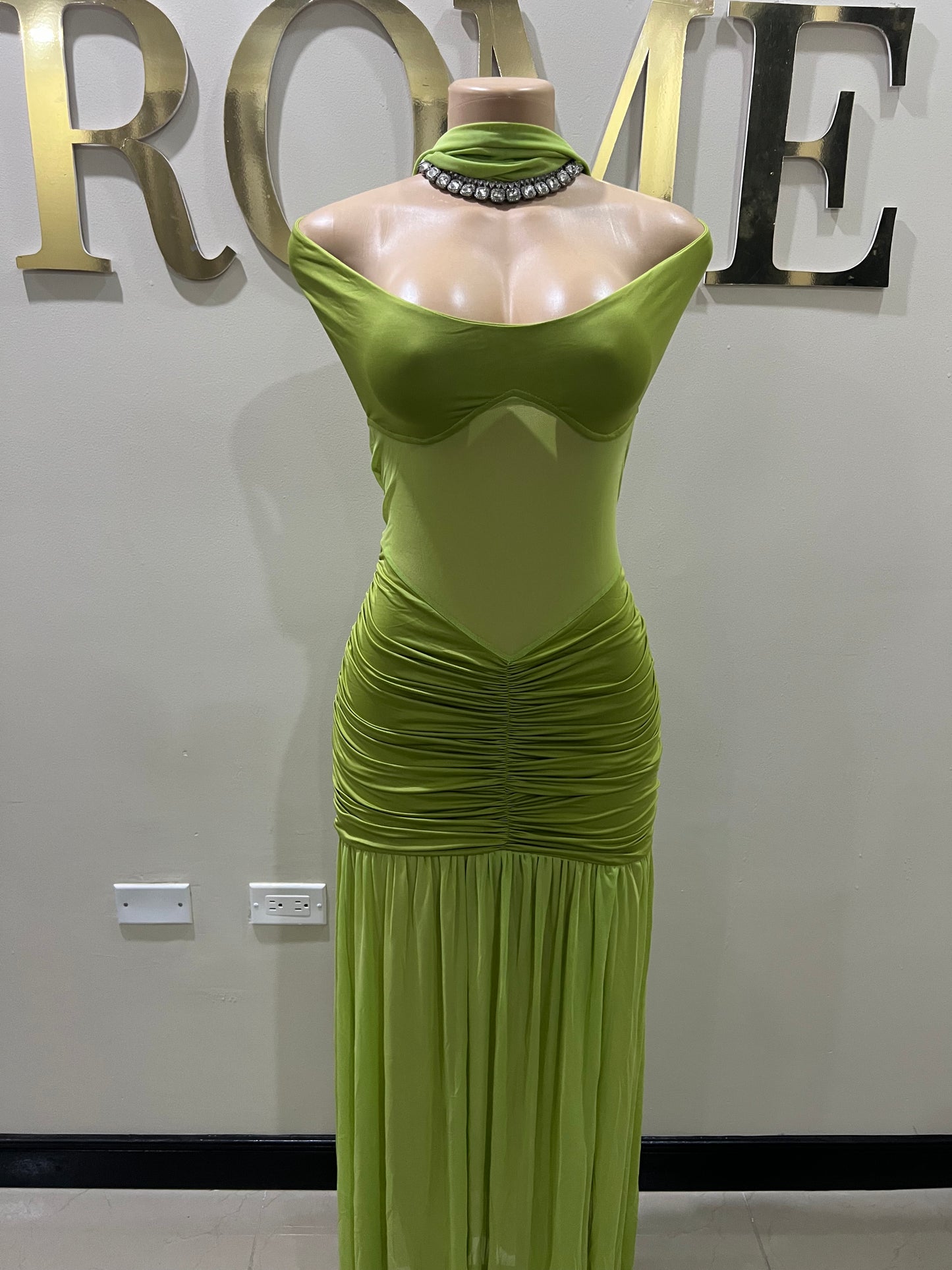 Off Shoulder Nara Split Dress with Scarf (Green)