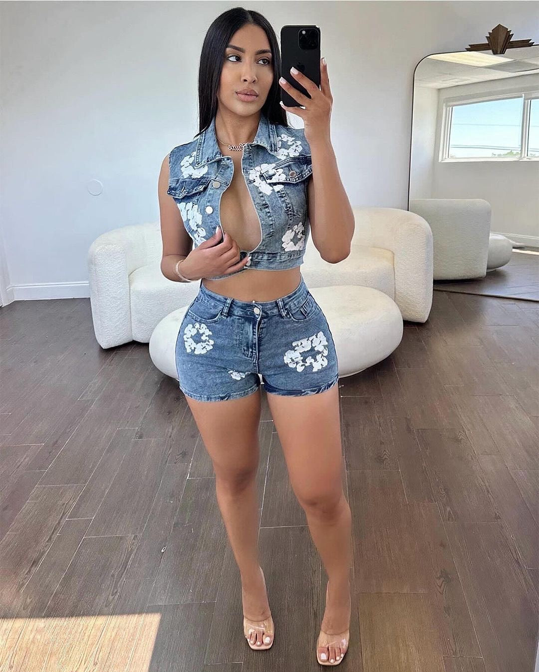 Hibiscus Denim Shorts Set (Blue)