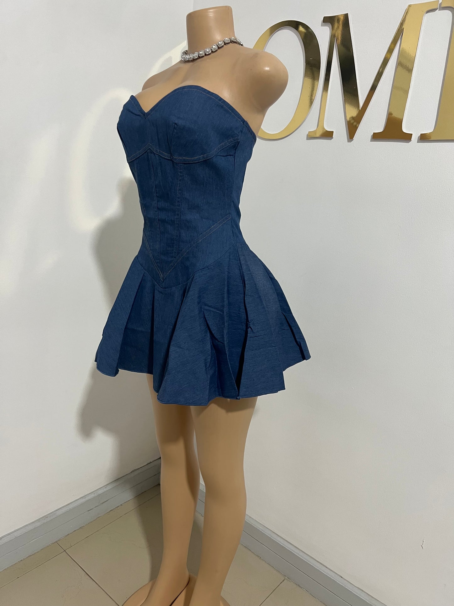 Denim Sweatheart Halter Dress (Blue)