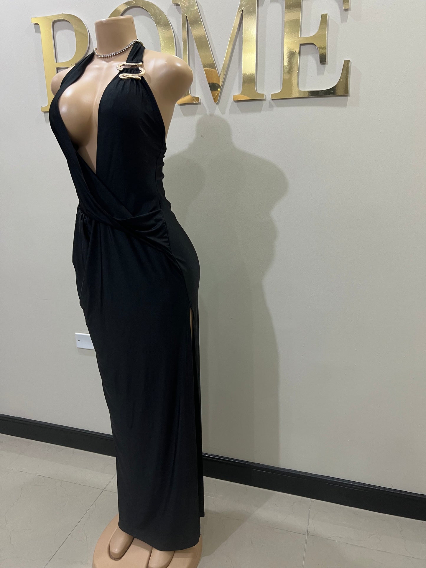 Snake Deep V Rouched Dress (Black)