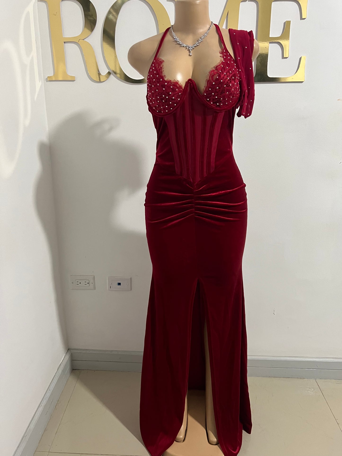 Ophelia Crystal Dress with Gloves (Burgundy)