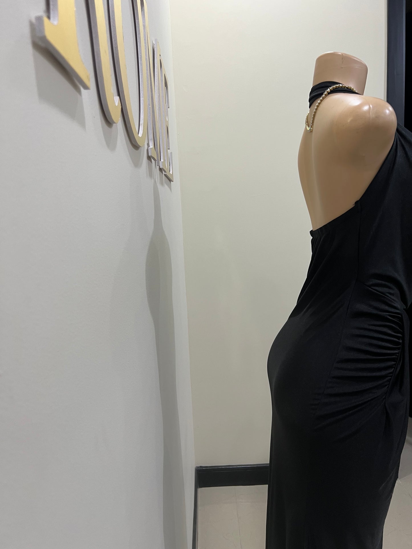Snake Deep V Rouched Dress (Black)