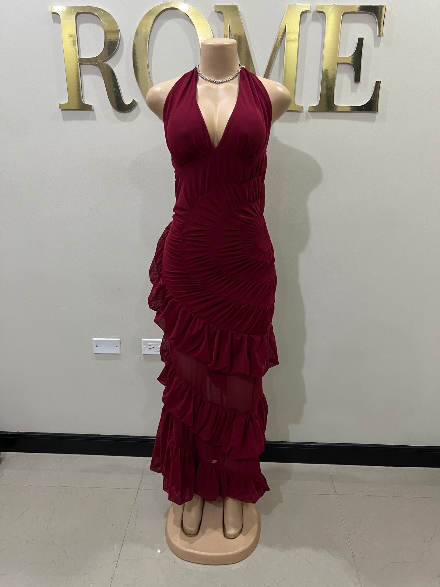 Courtili Ruffle Mesh Dress (Burgundy)