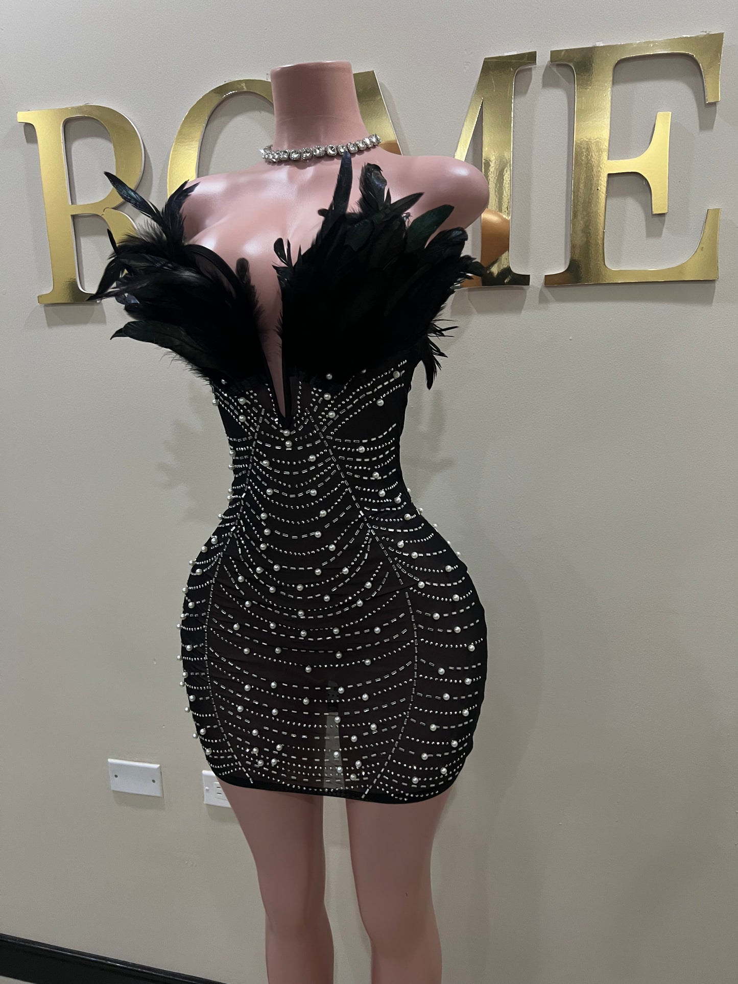 Elle Feather Crystal Dress (Black)