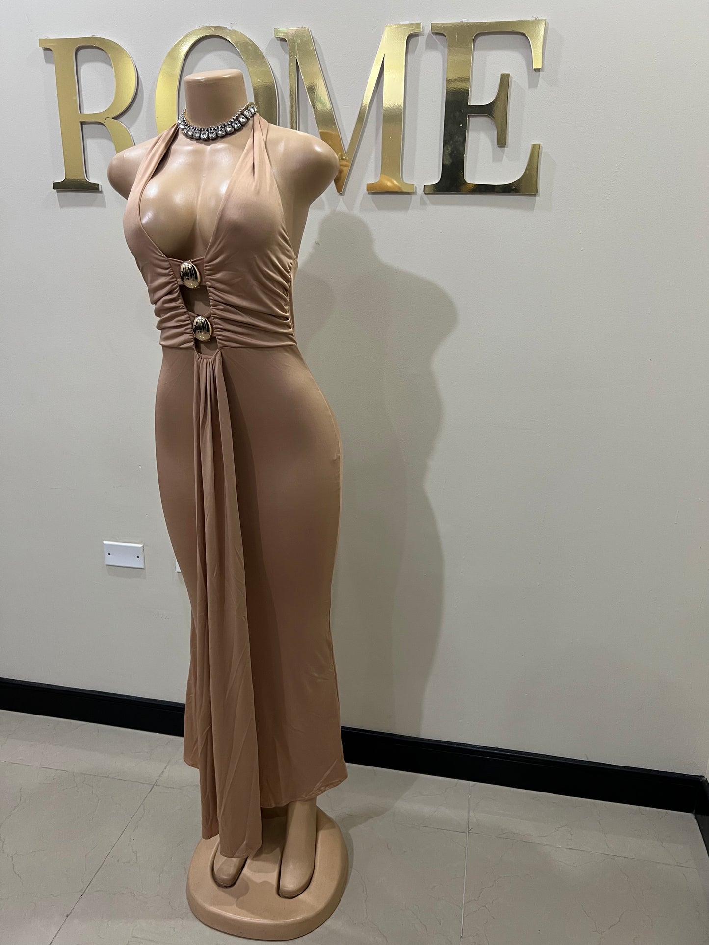 Chinelle Nara Vibe Halter Button Dress (Brown)