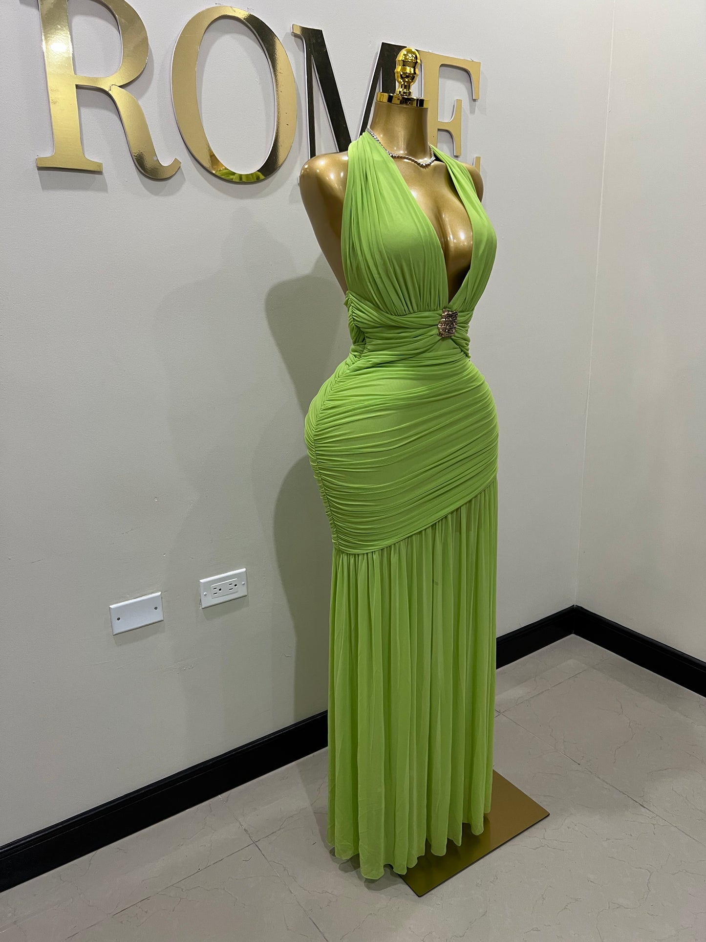 Michelle Eve Deep V Dress (Green)