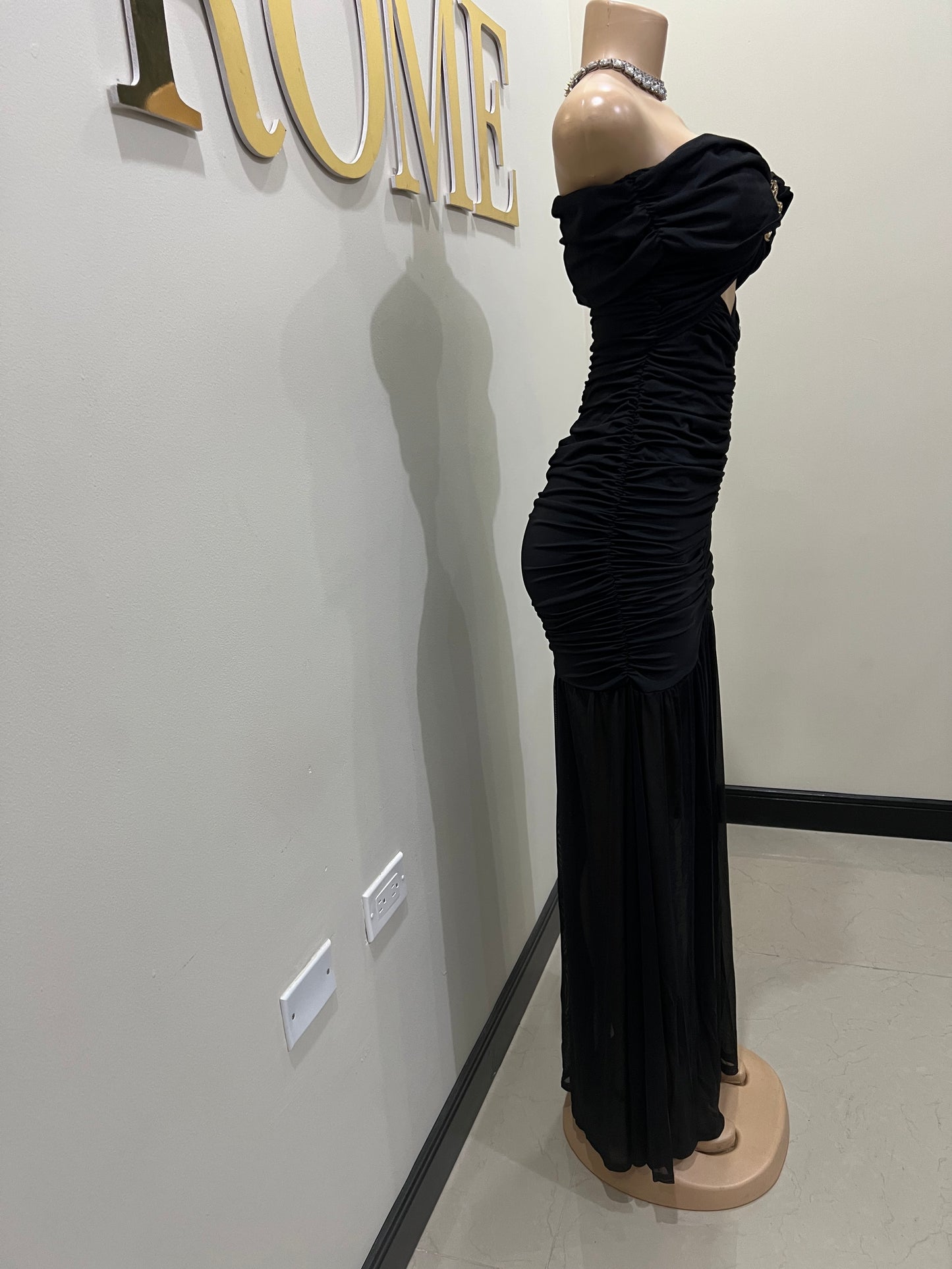 Nara Sophie Petal Off Shoulder Split Dress (Black)