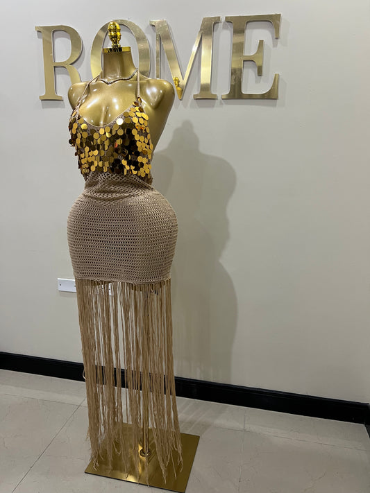 Destiny Sequin Crochet Fringe Dress (Brown)