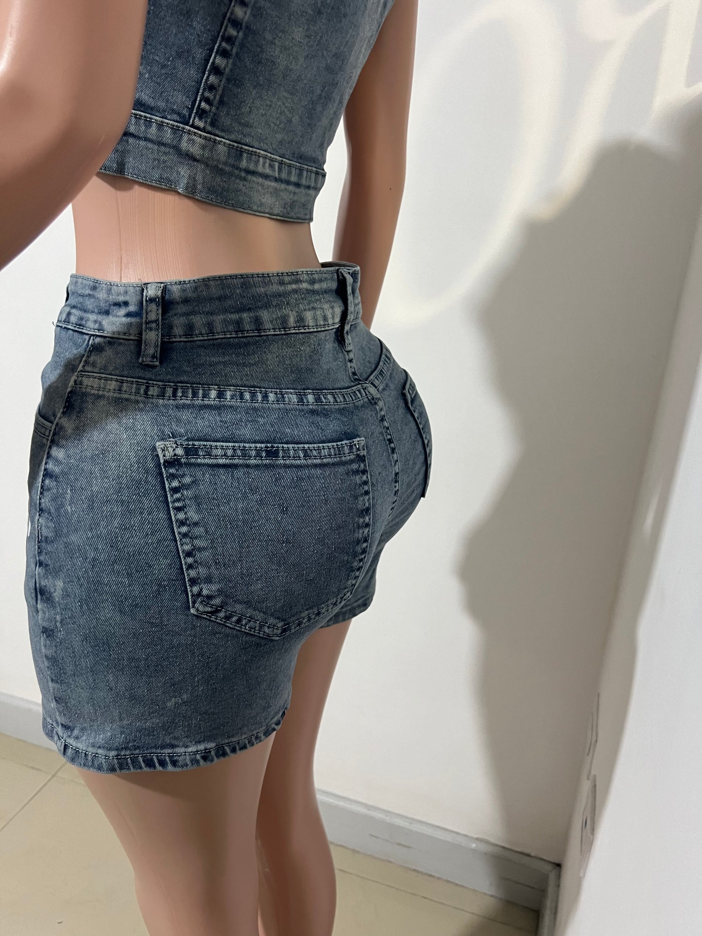 Hibiscus Denim Shorts Set (Blue)