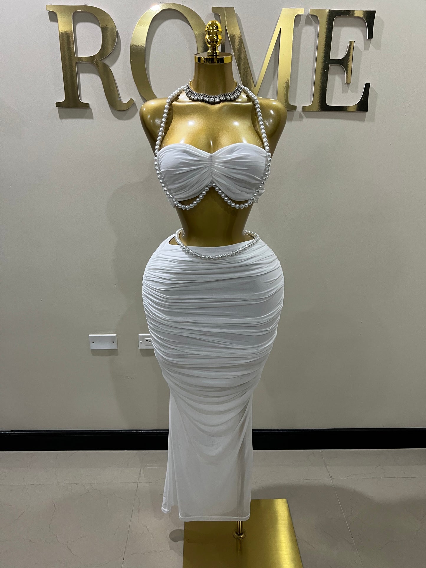 Emma Giselle Mesh Pearl Skirt Set (White)