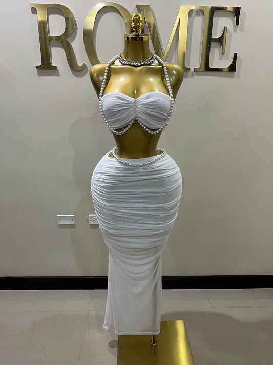 Emma Giselle Mesh Pearl Skirt Set (White)