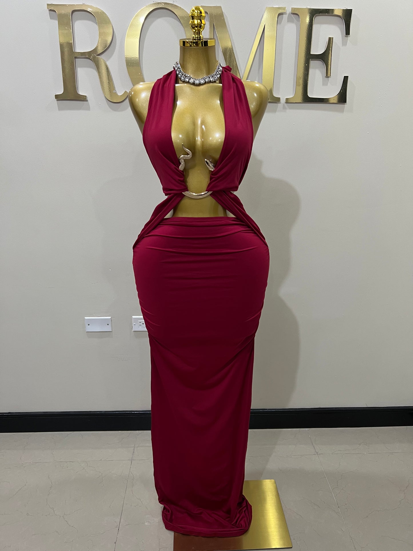 Snake Ming Deep V Dress (Burgundy)