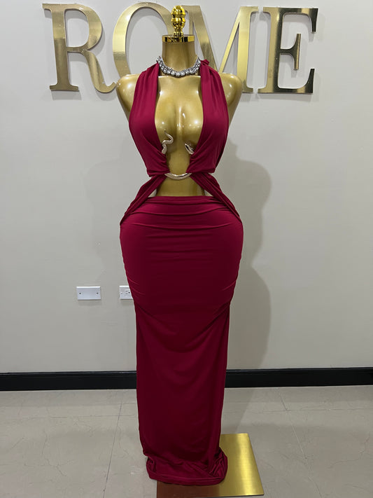 Snake Ming Deep V Dress (Burgundy)