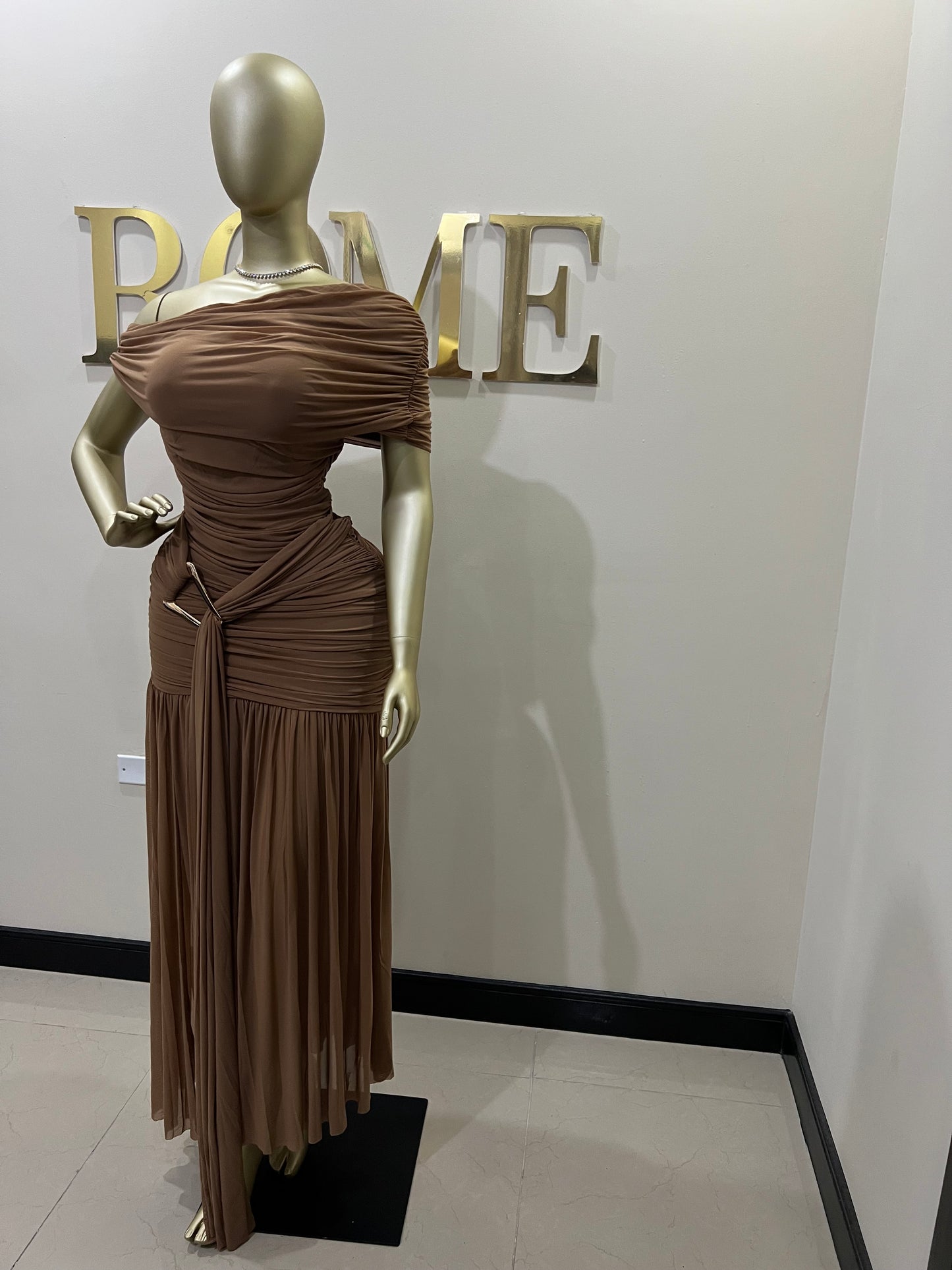 Nara Michelle Angle Mesh Split Dress (Brown)