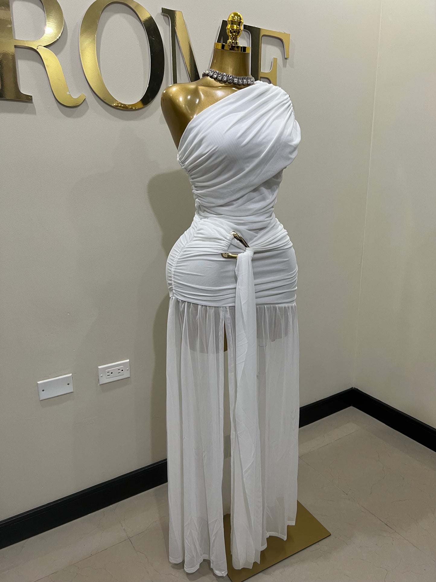 Nara Michelle Angle Mesh Split Dress (White)