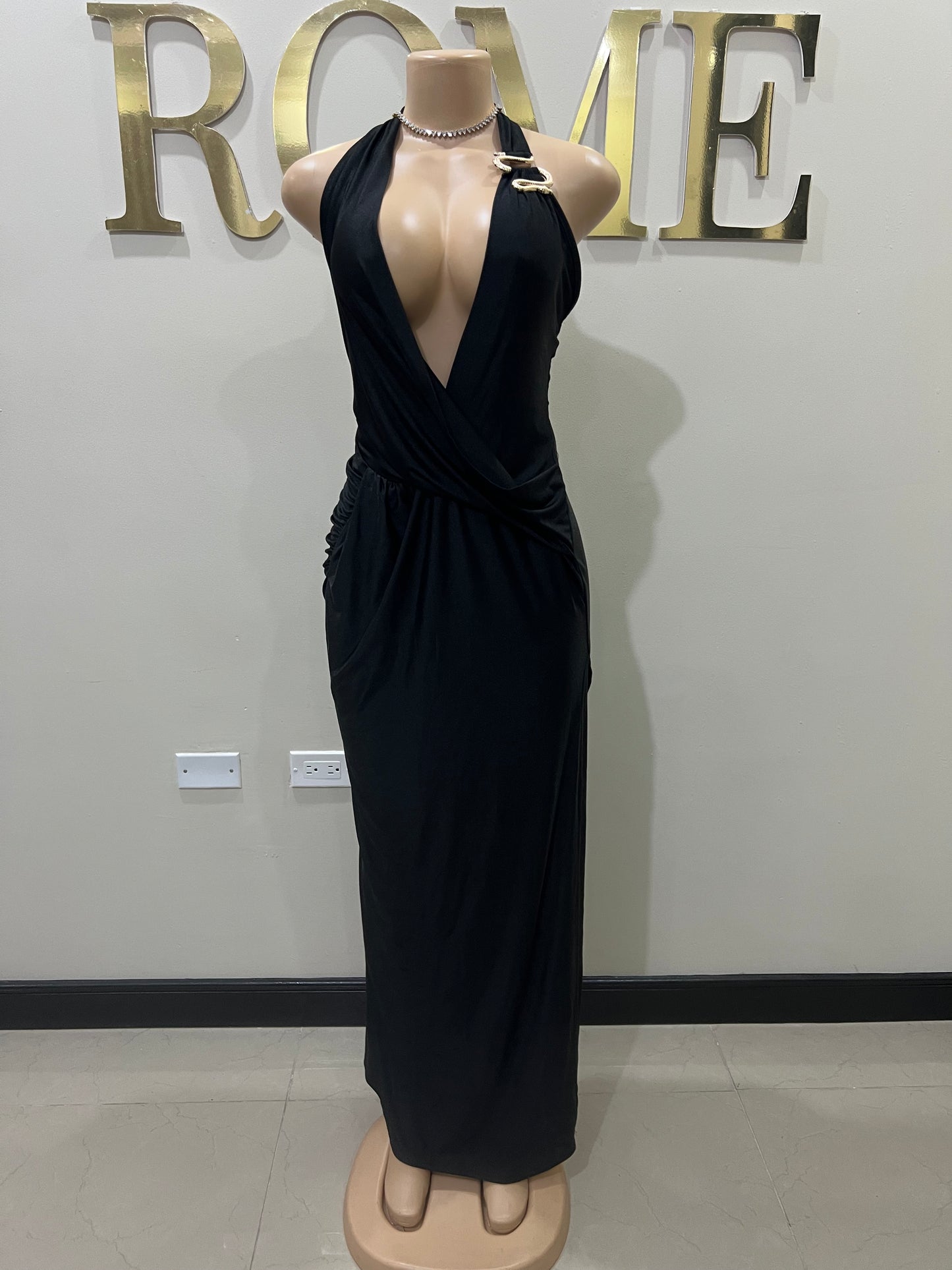 Snake Deep V Rouched Dress (Black)