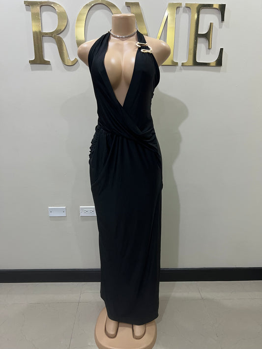 Snake Deep V Rouched Dress (Black)