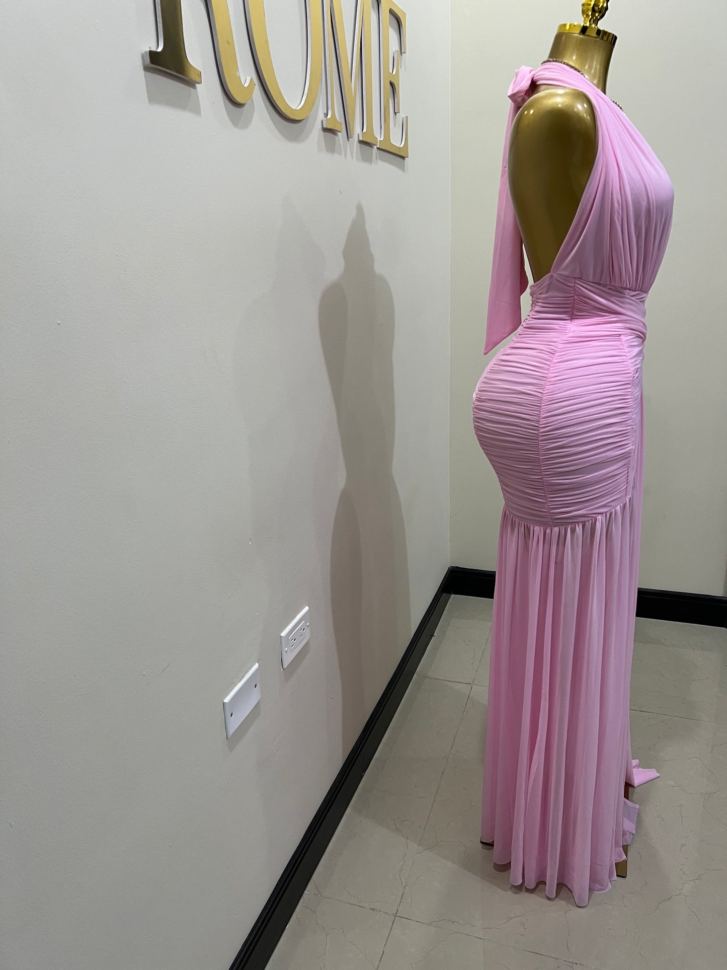 Michelle Grace Deep V Tie Split Dress (Pink)