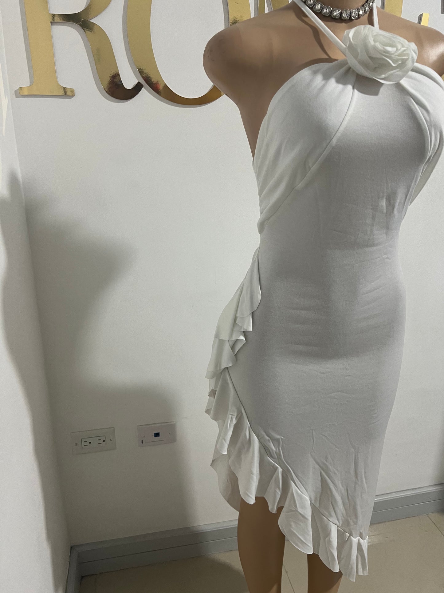 Lilian Rose Slant Ruffle Dress (White)
