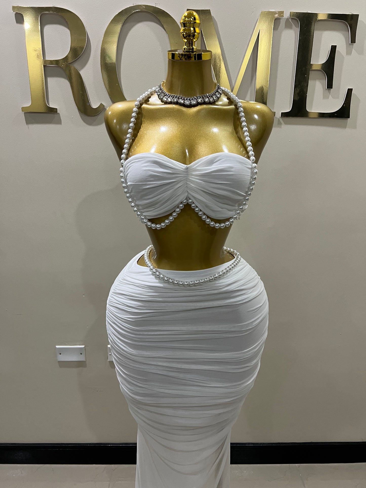 Emma Giselle Mesh Pearl Skirt Set (White)