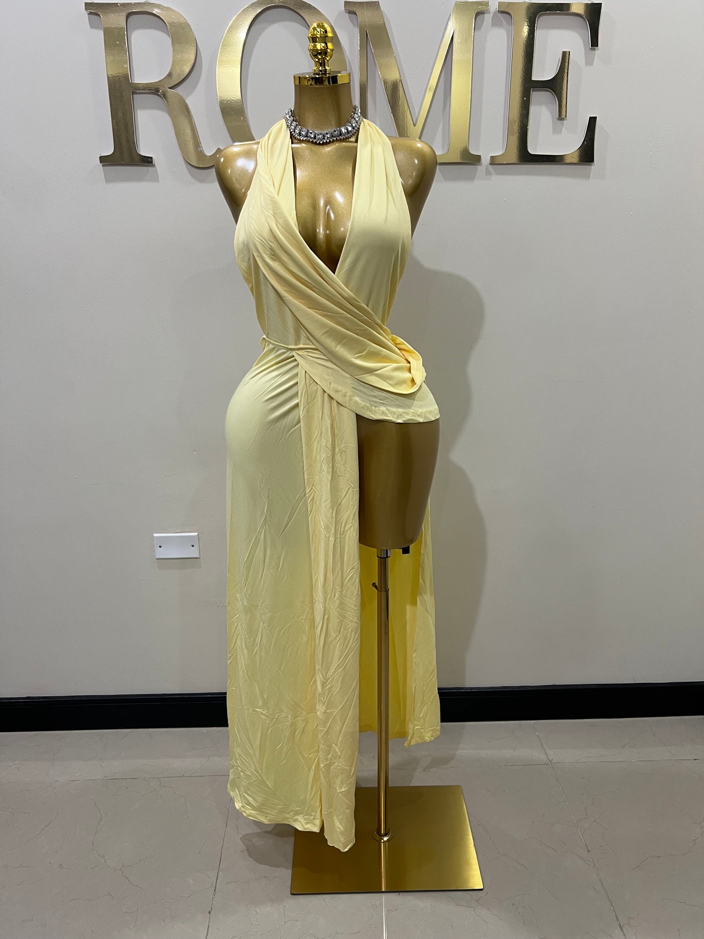 Deep V Rouched Dress (Yellow)
