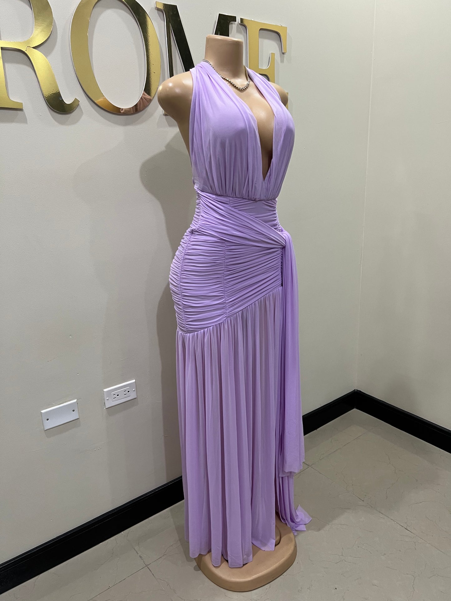 Michelle Grace Deep V Tie Split Dress (Lilac)