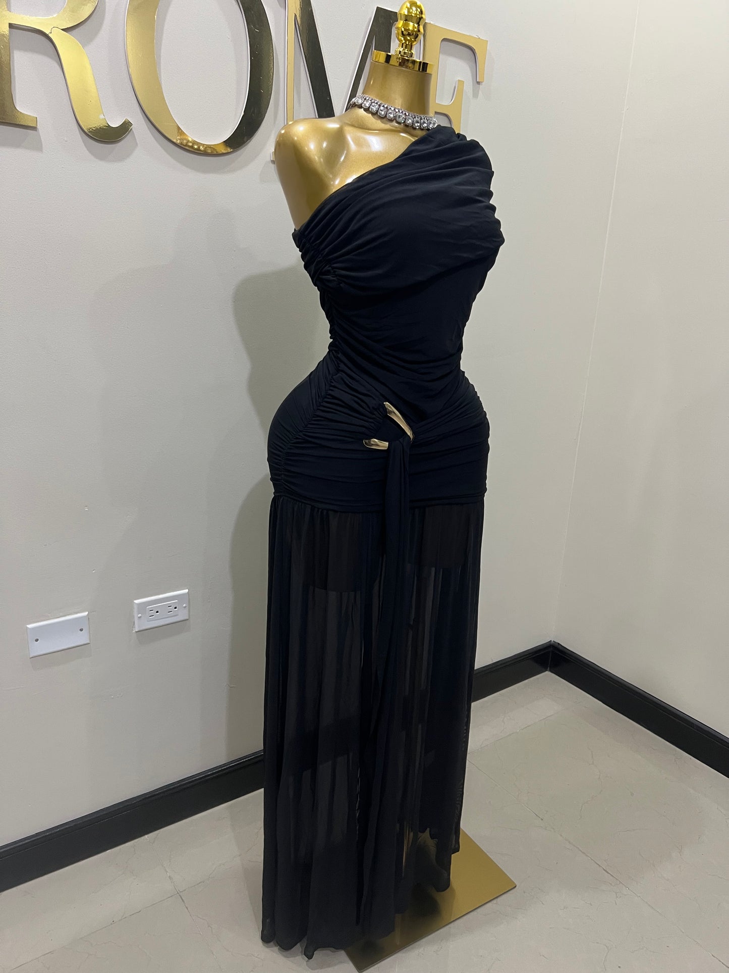 Nara Michelle Angle Mesh Split Dress (Black)