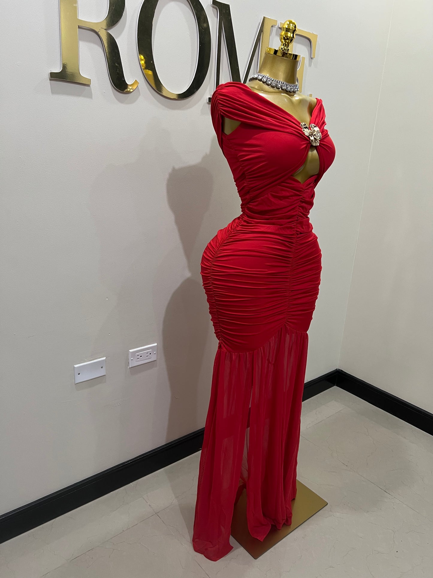 Nara Sophie Petal Off Shoulder Split Dress (Red)