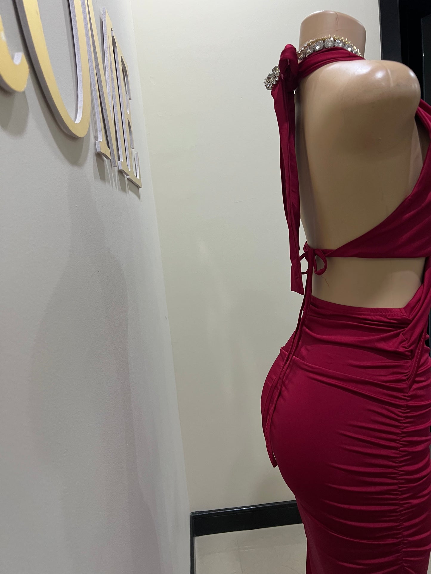 Snake Ming Deep V Dress (Burgundy)