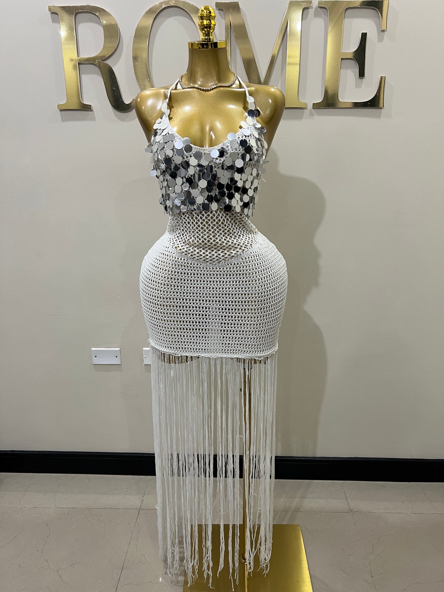 Destiny Sequin Crochet Fringe Dress (White)