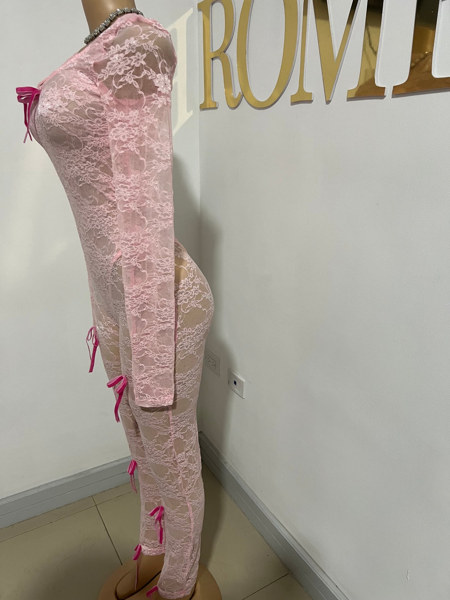 Lacey Bow Mesh Tights Jumpsuit (Pink)