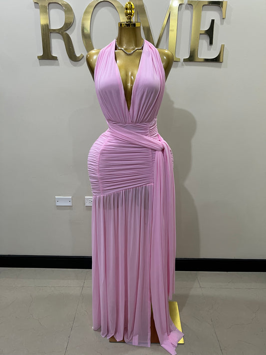 Michelle Grace Deep V Tie Split Dress (Pink)